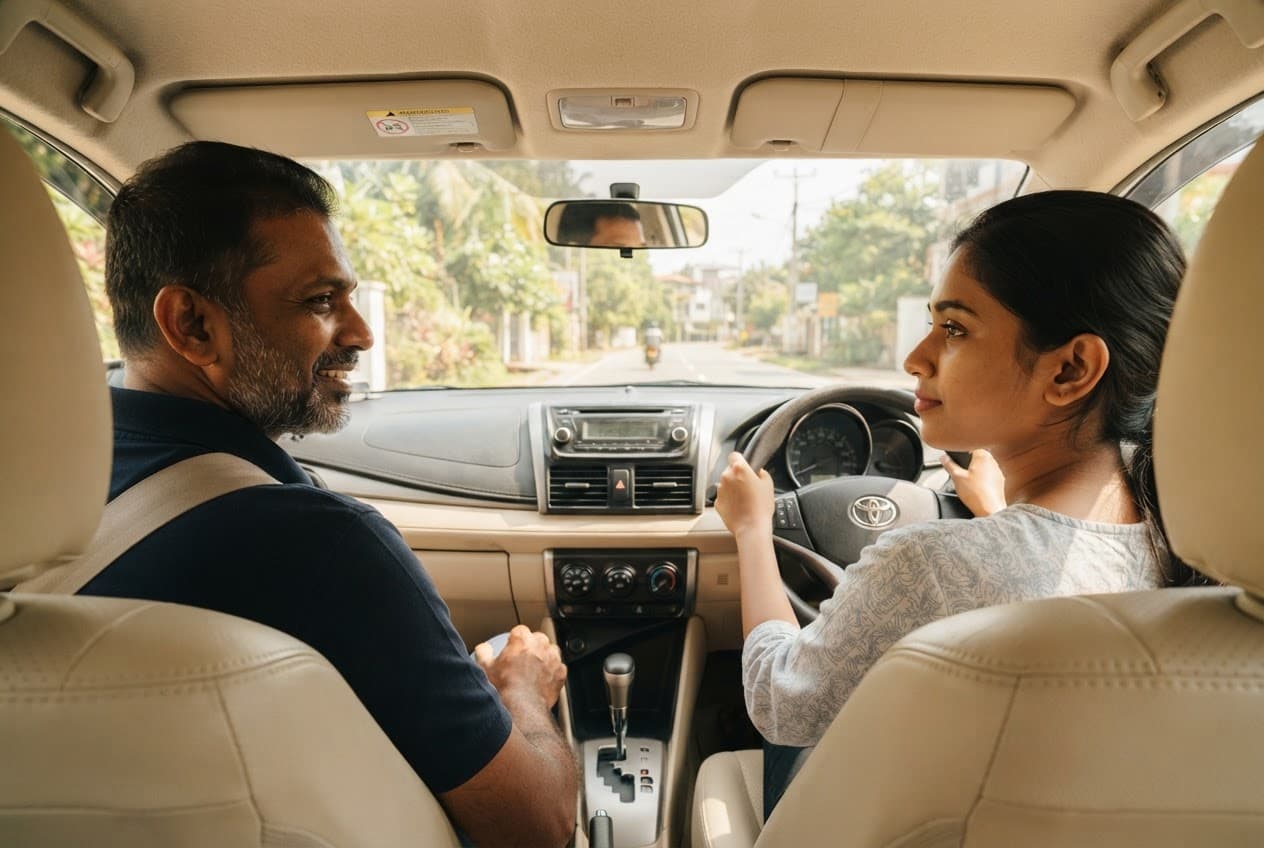Riyona instructor teaching a student from the back seat of a dual-control car