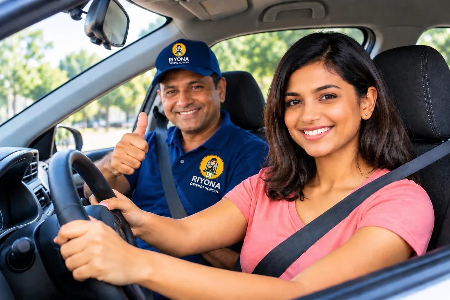 Riyona instructor giving a thumbs up while a smiling student drives